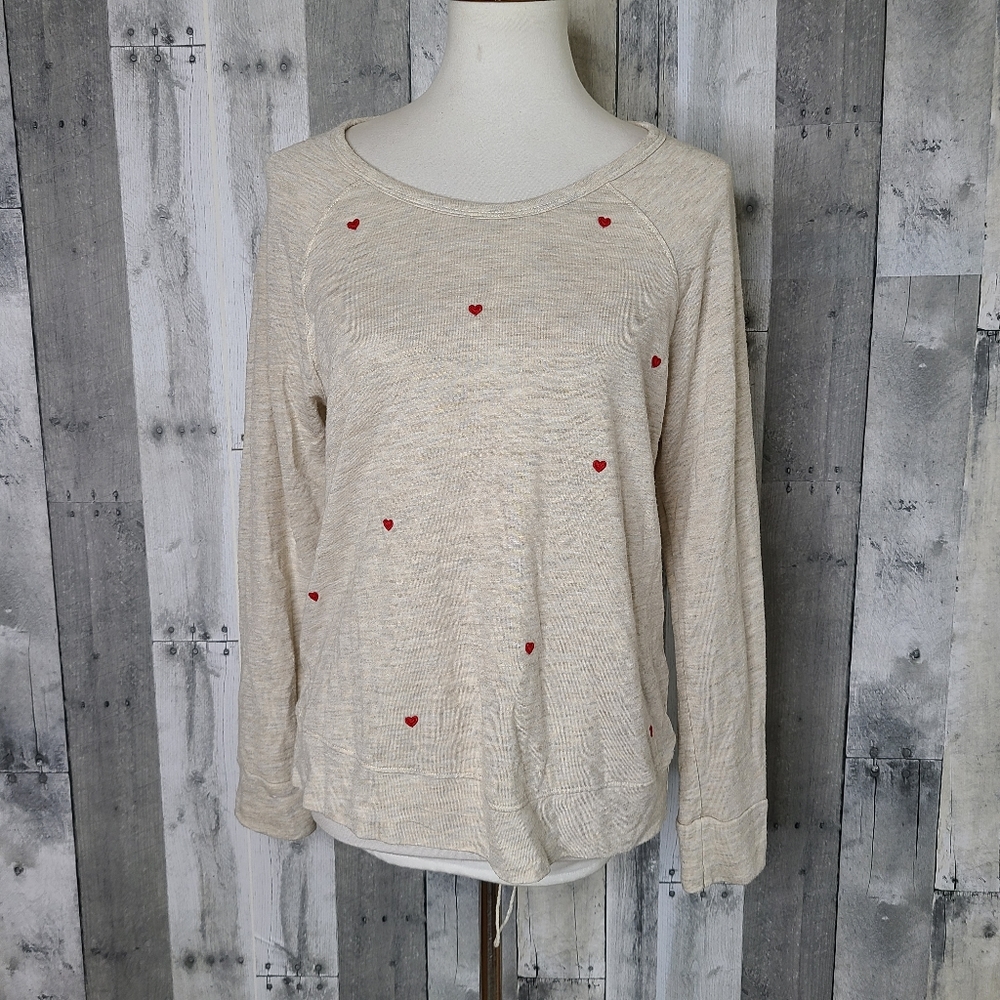 Sundry Cream Long-Sleeve Top with Red Heart Embroidery